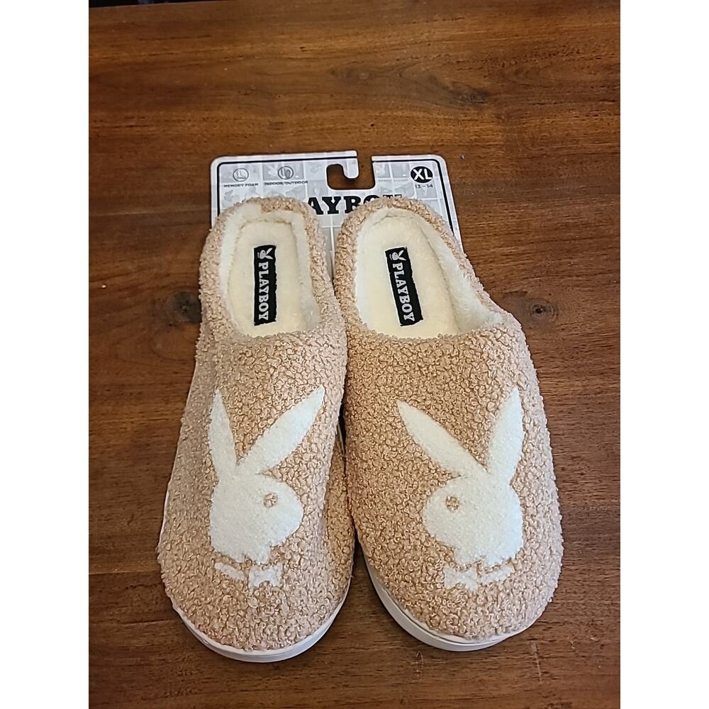Playboy Bunny Logo Men's XL 13-14 Tan/ White Slip On Slippers NEW